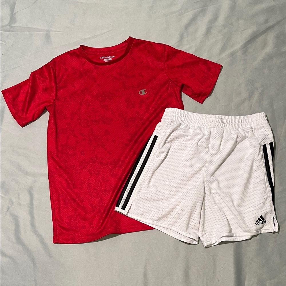 Champion Red T-Shirt and Adidas White Shorts Set Boys 10/12 Perfect for summer